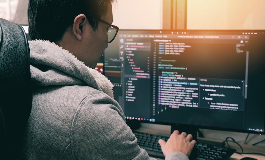 coder programmers working in office, programmer analyst writing code coder working from home with work on screen computer for learning and developing programs digital coding scripts java language